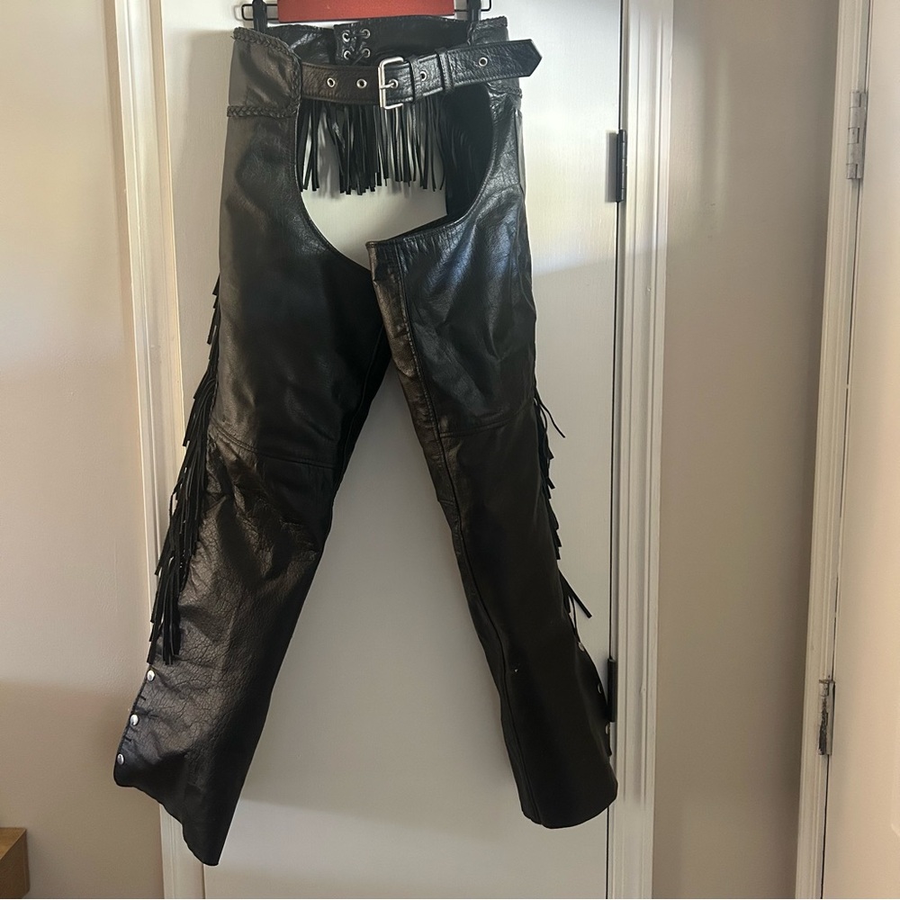 Women's Black Leather Fringe Chaps